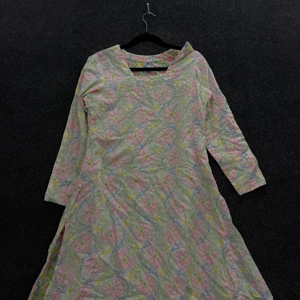 Vintage 60s Hand Stitched Floral Embroidery Cottage Maxi Dress Pastel Pink Blue